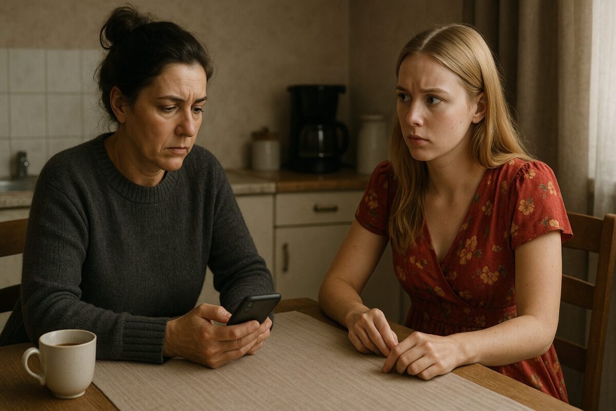 Две женщины сидят за кухонным столом. Старшая — с напряжённым лицом и телефоном в руке, младшая — в ярком платье, с тревожным выражением, теребит скатерть. Атмосфера — напряжённая, на столе остывший кофе.
