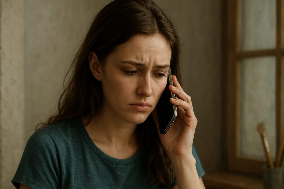 Молодая женщина с тревожным лицом говорит по телефону, сдерживая эмоции.