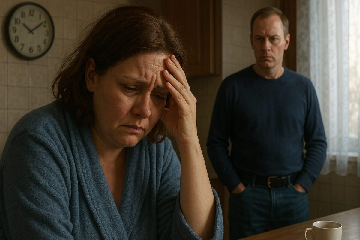Уставшая женщина в халате сидит на кухне с рукой на лбу, за её спиной мужчина смотрит на неё с холодным выражением лица, в помещении приглушённый дневной свет.