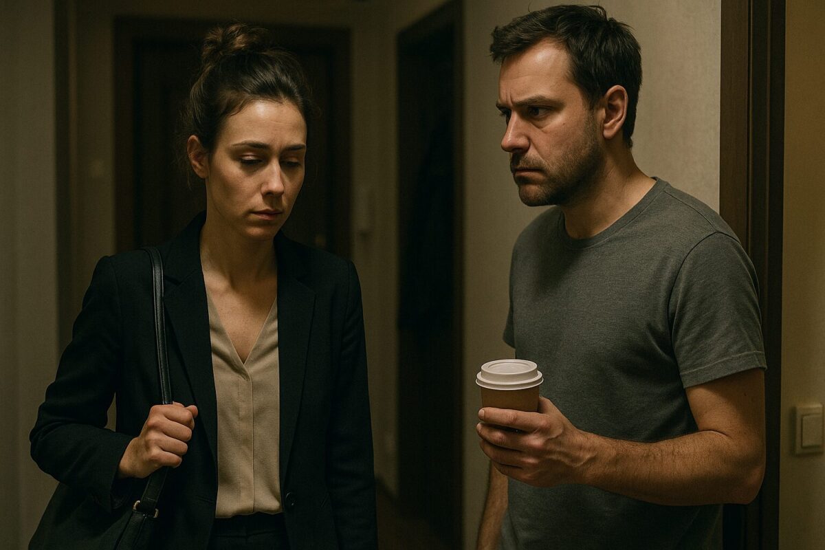 Усталой Марине около 30 лет, она стоит с сумкой в прихожей напротив Игоря, который смотрит на неё с упрёком, держа бумажный стаканчик кофе. Освещение тусклое, атмосфера напряжённая.