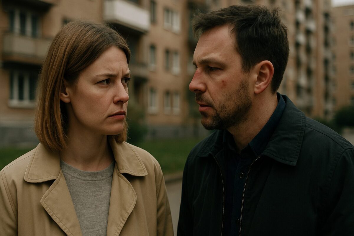 Мужчина с синяком на лице и женщина в бежевом пальто напряжённо смотрят друг на друга на фоне жилого дома