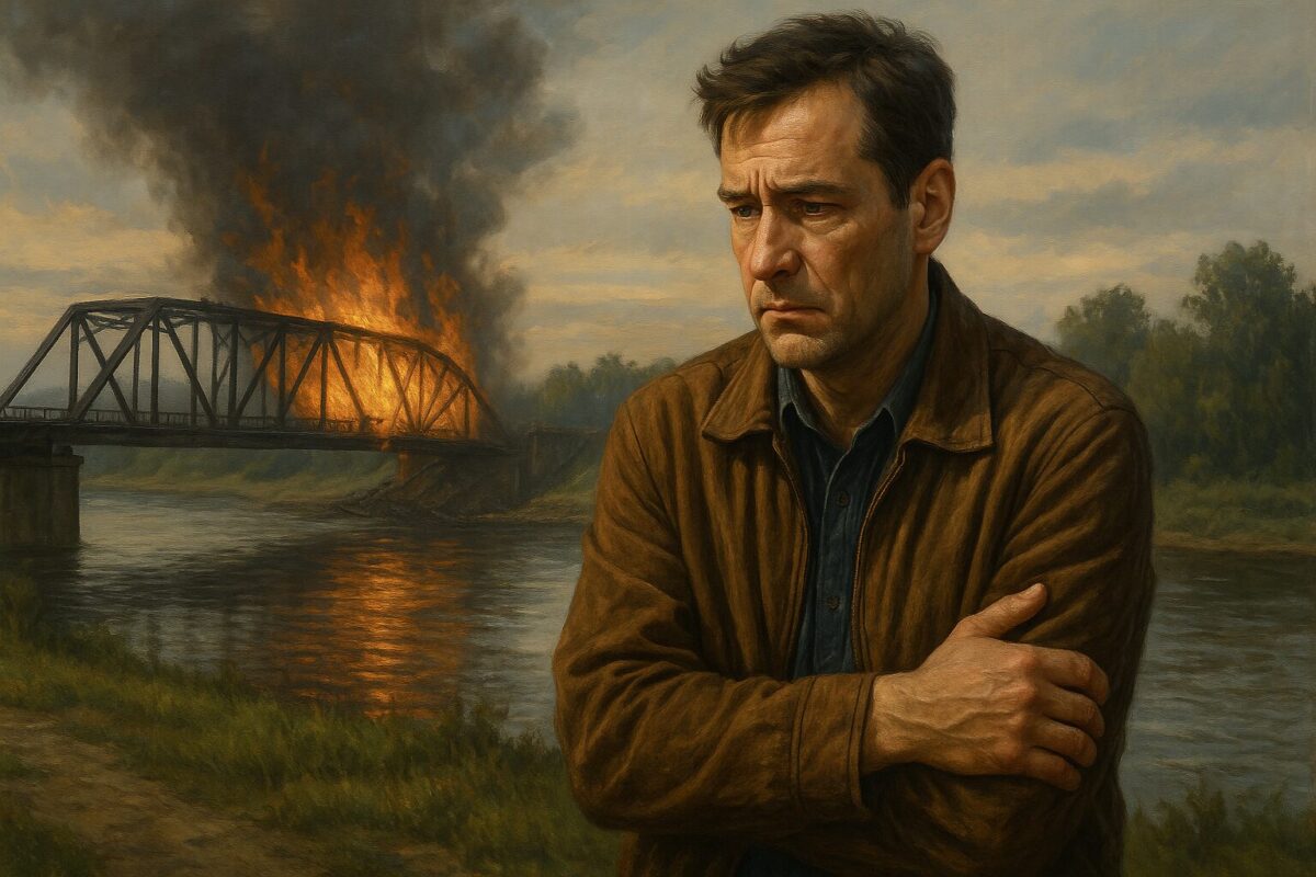 Мужчина средних лет в коричневой куртке стоит у реки, на фоне — пылающий мост с густым дымом. Его лицо полно боли и разочарования.