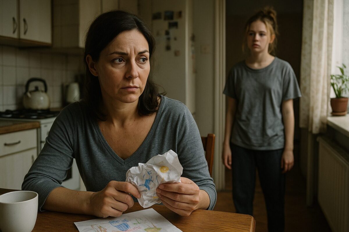 Женщина средних лет с усталым лицом сидит на кухне за столом и держит в руках скомканный детский рисунок, на фоне стоит подросток-дочь с недовольным видом в небрежной одежде, утренний свет падает из окна, создавая напряжённую атмосферу.