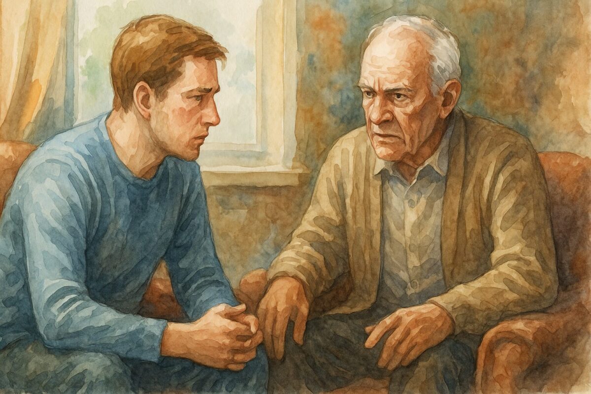 пожилой мужчина и молодой парень сидят напротив друг друга в уютной комнате, ведут серьёзный разговор. Видны эмоциональные выражения лиц, свет из окна освещает сцену.