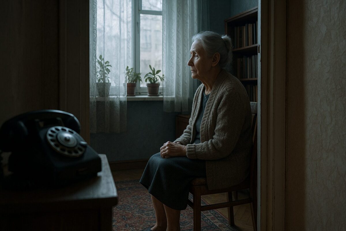 Пожилая женщина с седыми волосами, собранными в пучок, сидит у окна в старой уютной квартире. На переднем плане — круглый телефон с дисковым набором. Сквозь окно падает холодный утренний свет, подчёркивая атмосферу одиночества и тревожного ожидания.