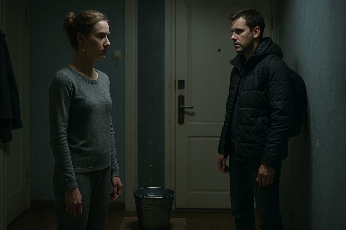 Женщина в домашней одежде стоит посреди тёмной прихожей, напротив неё у двери мужчина в куртке с рюкзаком. Между ними на полу металлическое ведро, в которое капает вода. Атмосфера напряжённая и холодная.