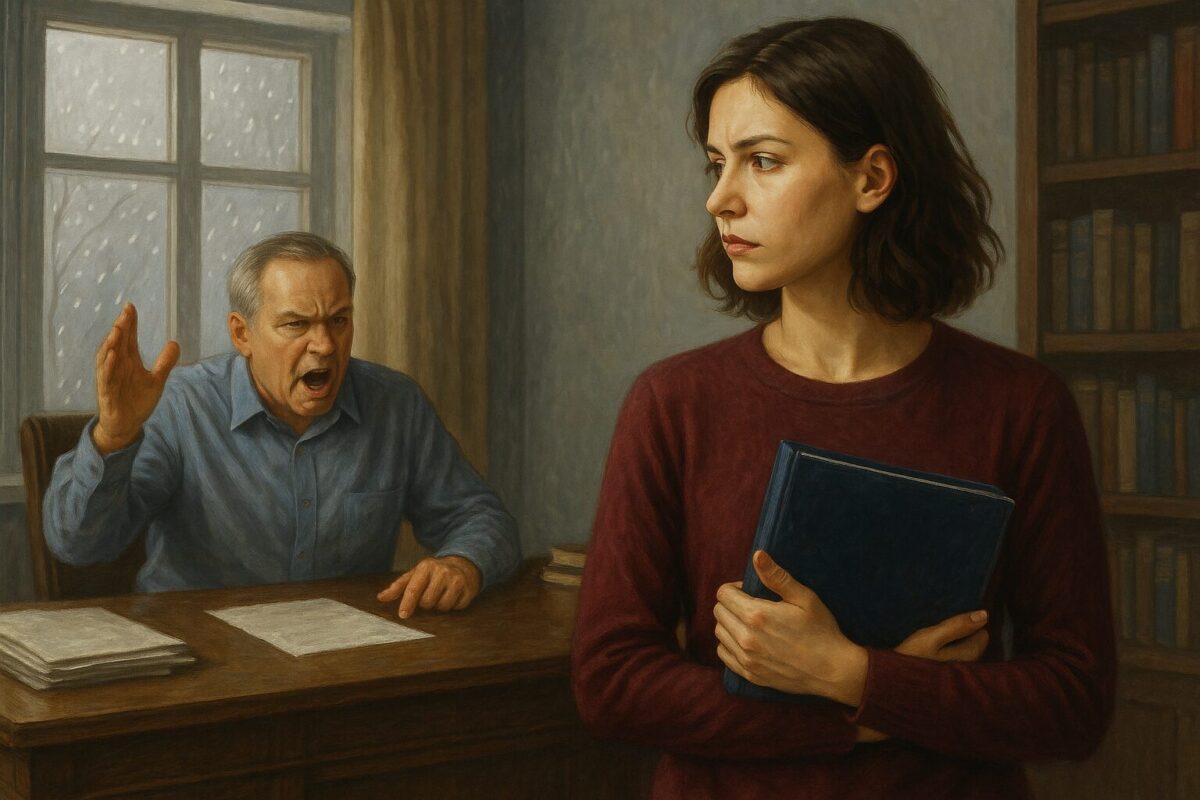 Молодая женщина в бордовой кофте сжимает папку и отворачивается от пожилого отца, кричащего на неё в кабинете; за окном падает снег.