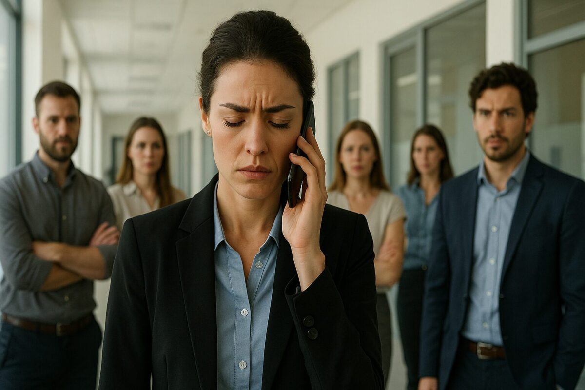 Женщина в деловом костюме с напряжённым лицом говорит по телефону в офисном коридоре. Вокруг неё коллеги смотрят с насторожённым вниманием. Освещение мягкое, дневное, атмосфера тревожная.