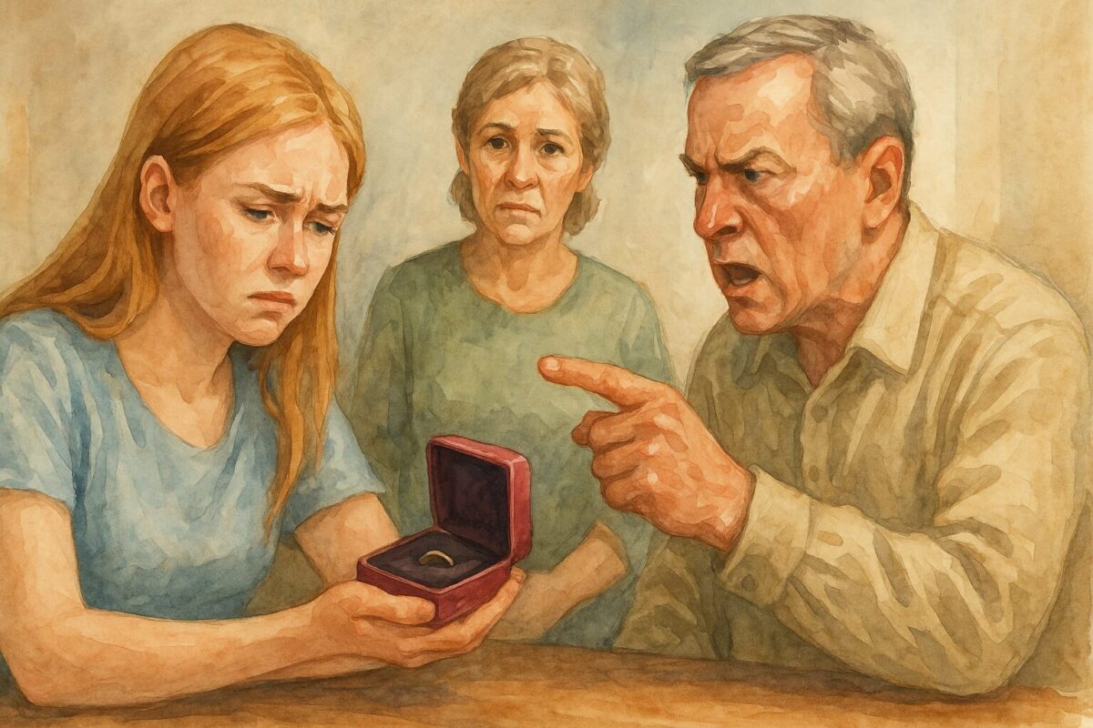 Молодая женщина с грустным выражением лица держит открытую бархатную коробочку с кольцом, в то время как пожилой мужчина с гневом указывает на неё пальцем, а женщина постарше смотрит с обеспокоенным выражением — напряжённая сцена