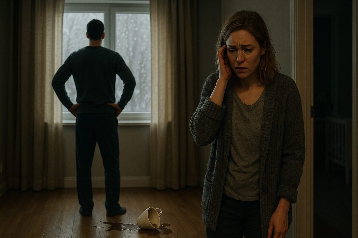 Женщина в шоке стоит рядом с разбитой чашкой, на полу лужа кофе. Позади — мужчина у окна, за которым идёт снег. Атмосфера — напряжённая, холодная.