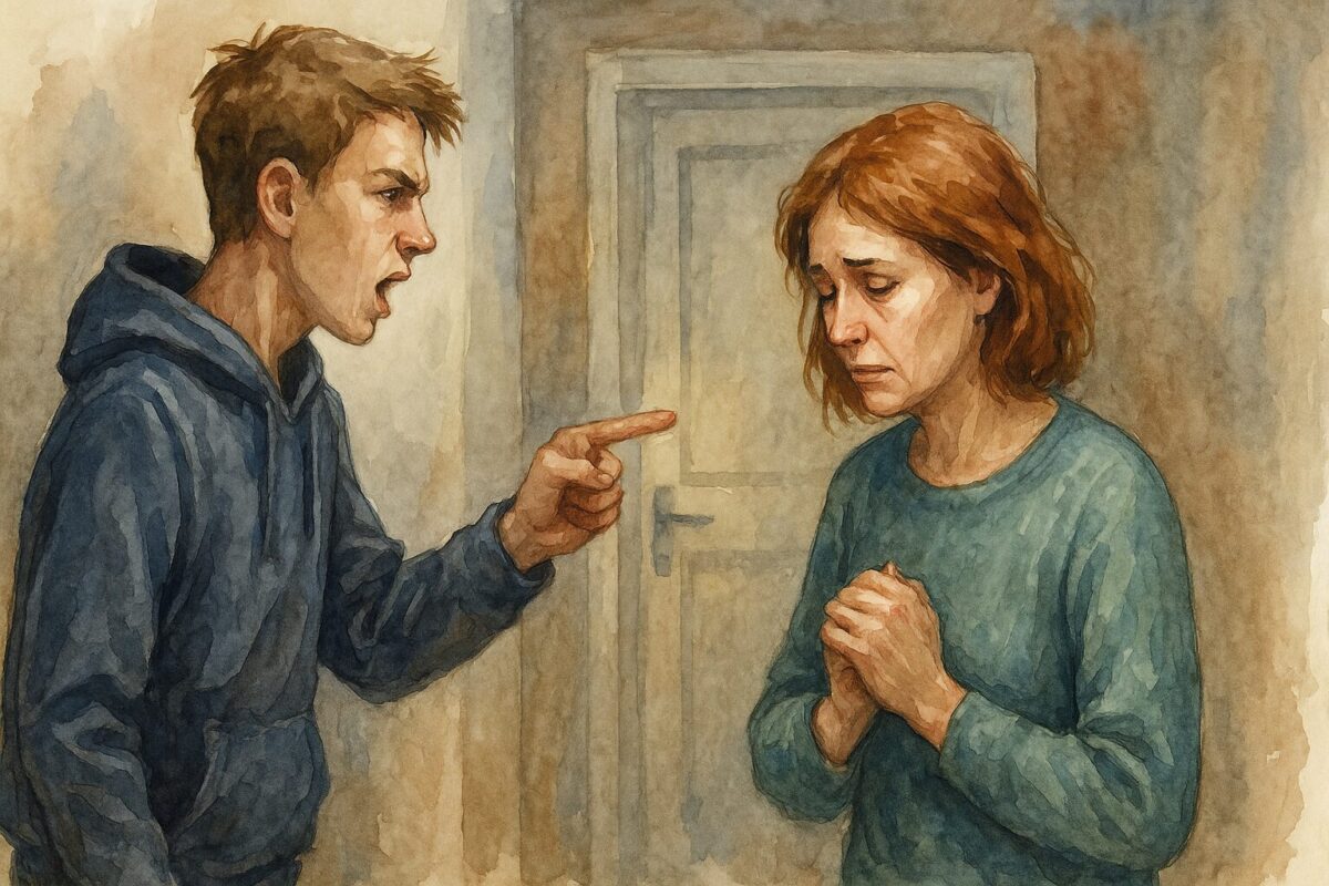 Мальчик в синей толстовке, с искажённым от злости лицом, указывает на женщину. Мать — в зелёном свитере, сгорбленная, с глазами, полными боли. Позади — приоткрытая дверь, усиливающая ощущение разрыва между ними.