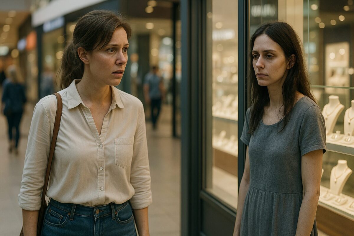 Две женщины сталкиваются в торговом центре: одна — ухоженная, в светлой одежде, с выражением изумления, другая — истощённая, в простом сером платье, стоит у витрины ювелирного магазина с пустым взглядом. Между ними — пауза, наполненная тревогой.