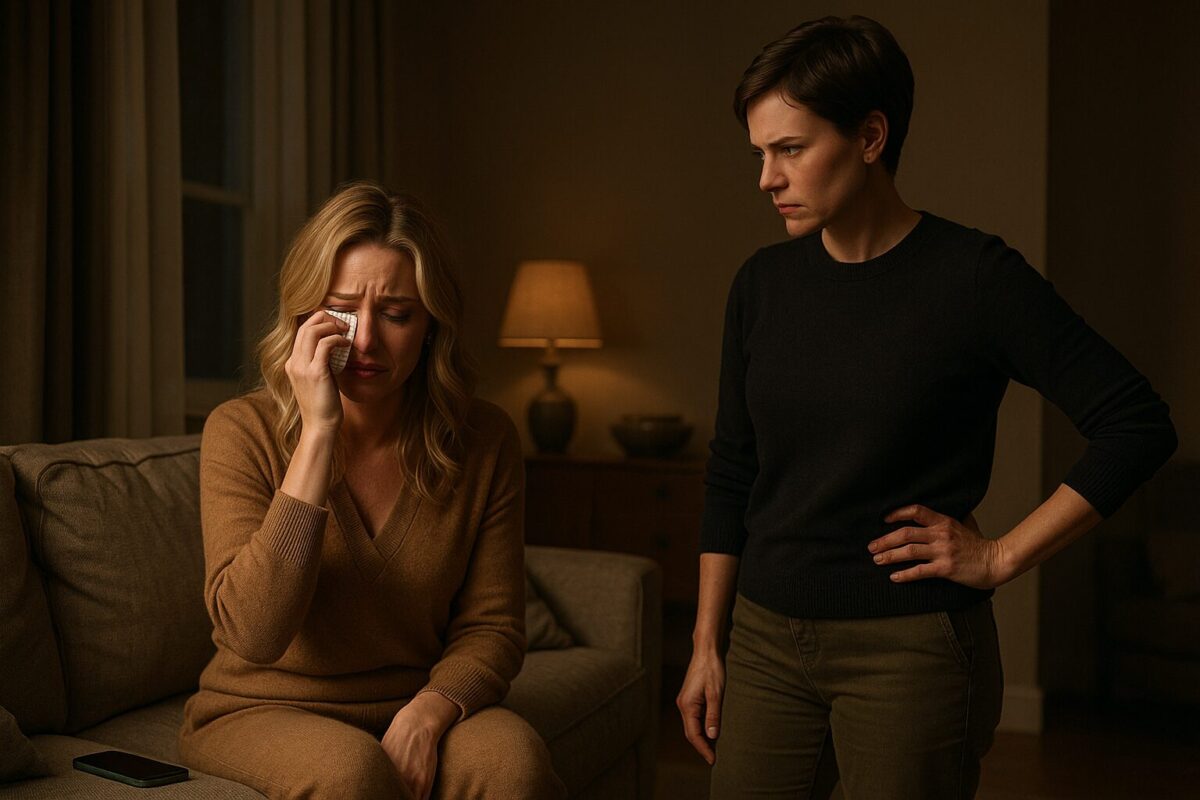 Одна из них, блондинка лет 30-ти, сидит на бежевом диване, вытирая слезы салфеткой, и явно расстроена. На ней элегантный коричневый домашний костюм. Рядом с ней на подушке лежит смартфон. Другая женщина, чуть старше, с короткой темной стрижкой, уверенно стоит, уперев руку в бедро, и строго смотрит на первую женщину.