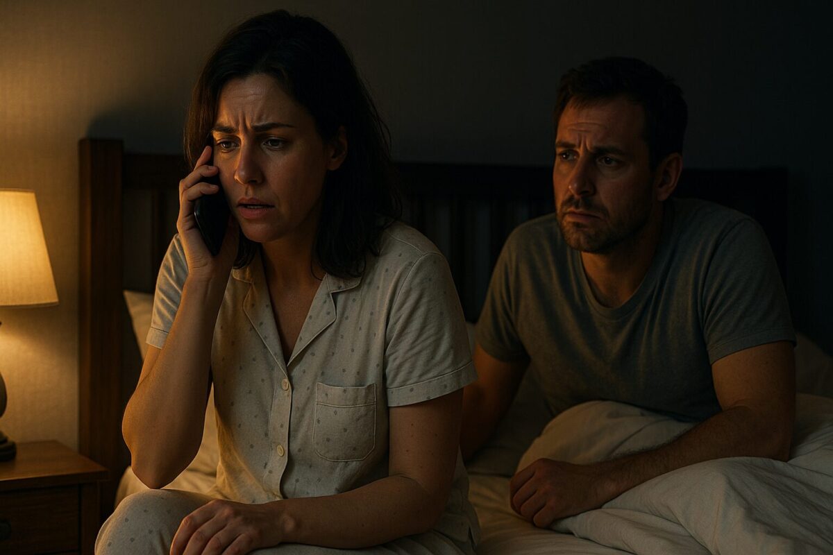 Женщина в пижаме сидит на краю кровати и тревожно разговаривает по телефону. Мужчина, только что проснувшийся, обеспокоенно смотрит на неё. На тумбочке рядом с ними — только свет ночника, без лишних предметов.