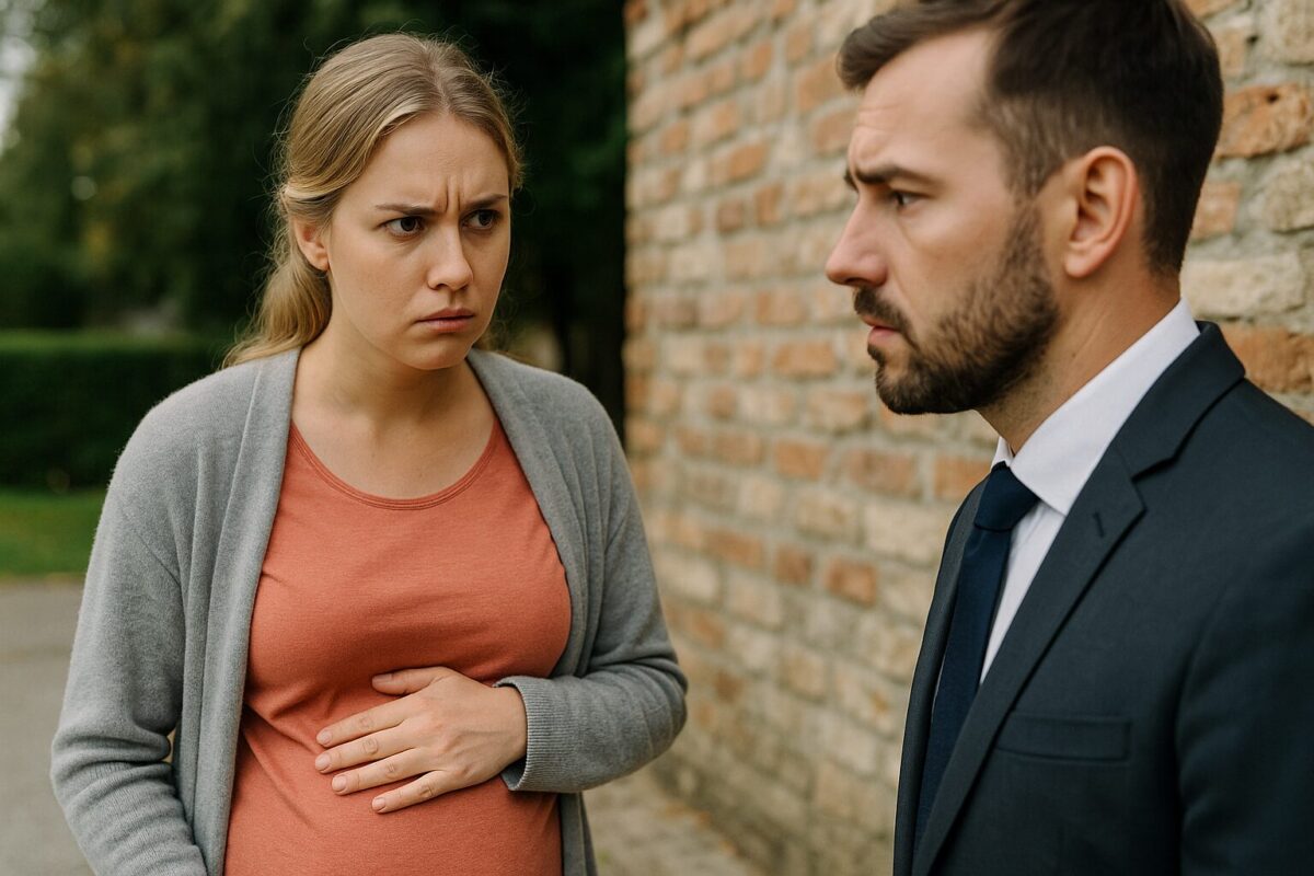 Беременная женщина с упрёком смотрит на мужчину в костюме у кирпичной стены.