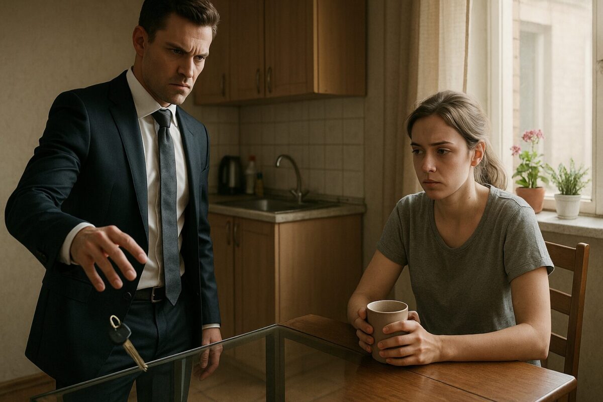 Мужчина в дорогом костюме бросает ключи на стеклянный столик, стоя напротив девушки в домашней одежде с кружкой в руках. Девушка выглядит тревожной и подавленной. Сцена происходит в скромной кухне с цветами на подоконнике.