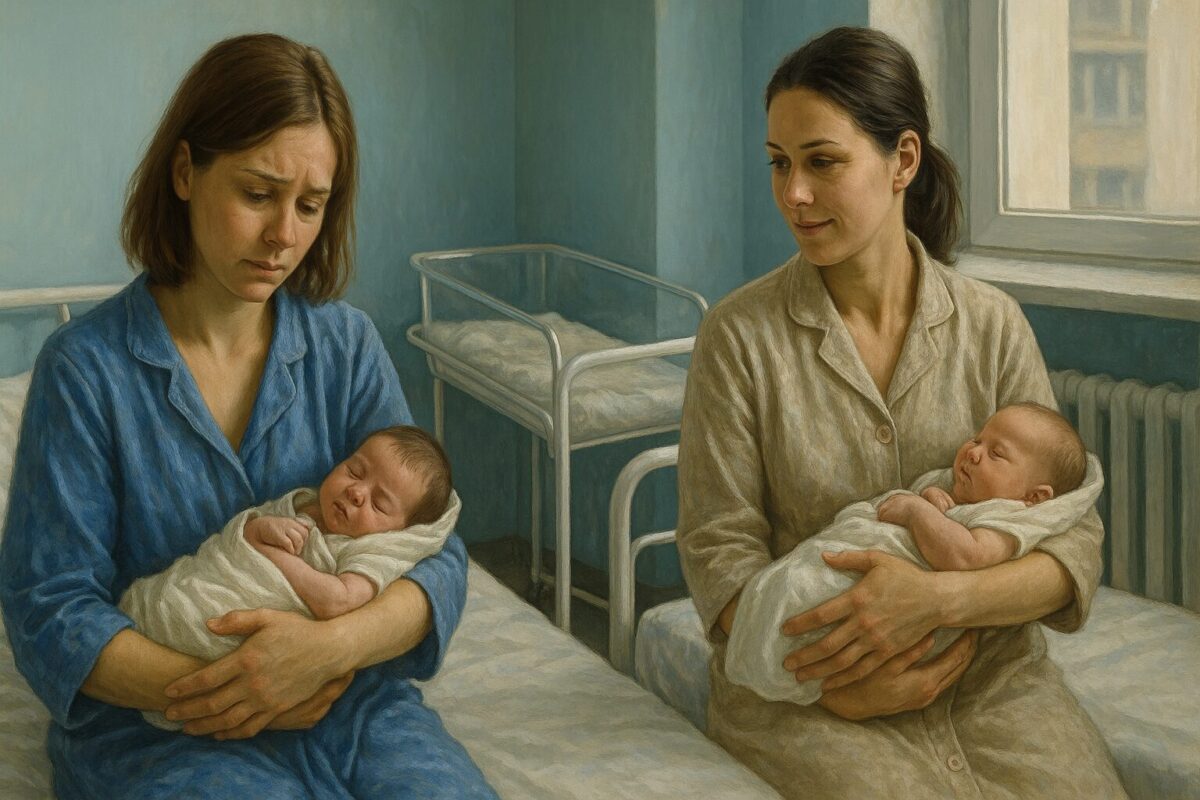 Две женщины в палате роддома держат младенцев на руках: одна — грустная, в синем халате, другая — спокойная, в бежевом.