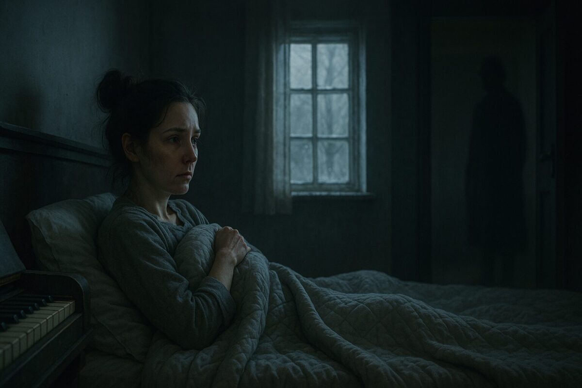 Молодая женщина лежит под серым одеялом в мрачной комнате, её усталое лицо освещено холодным светом из окна, в углу — старое пианино, в дверях — тёмный силуэт женщины.