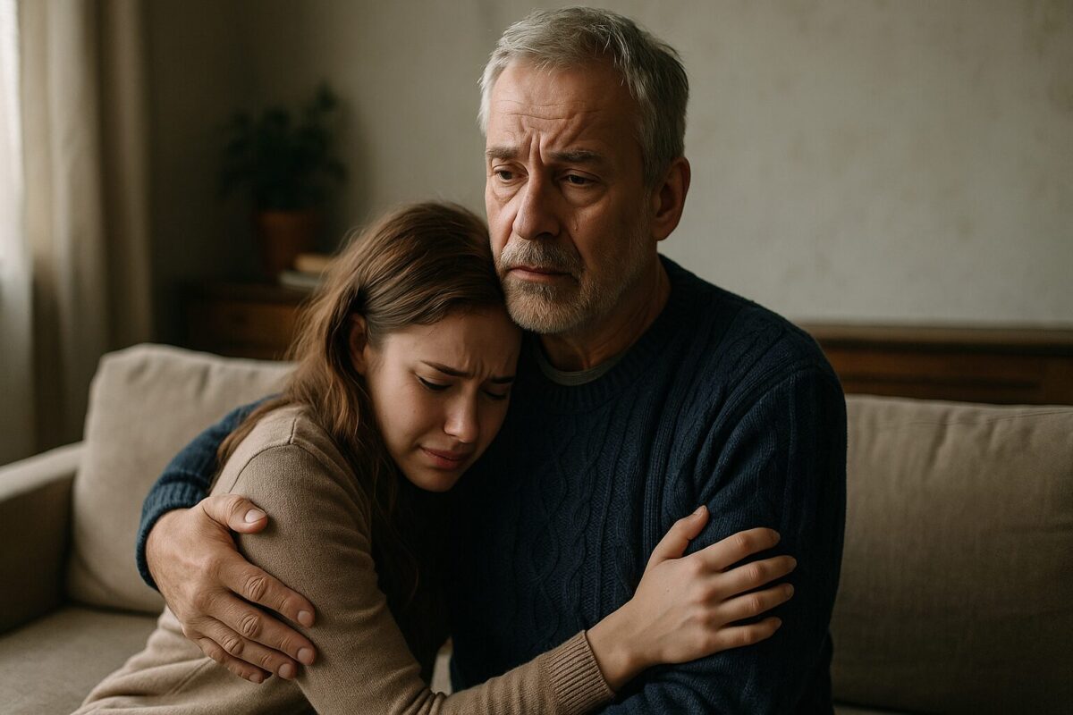 Отец и дочь в трогательном объятии на диване, грустные, при мягком свете.