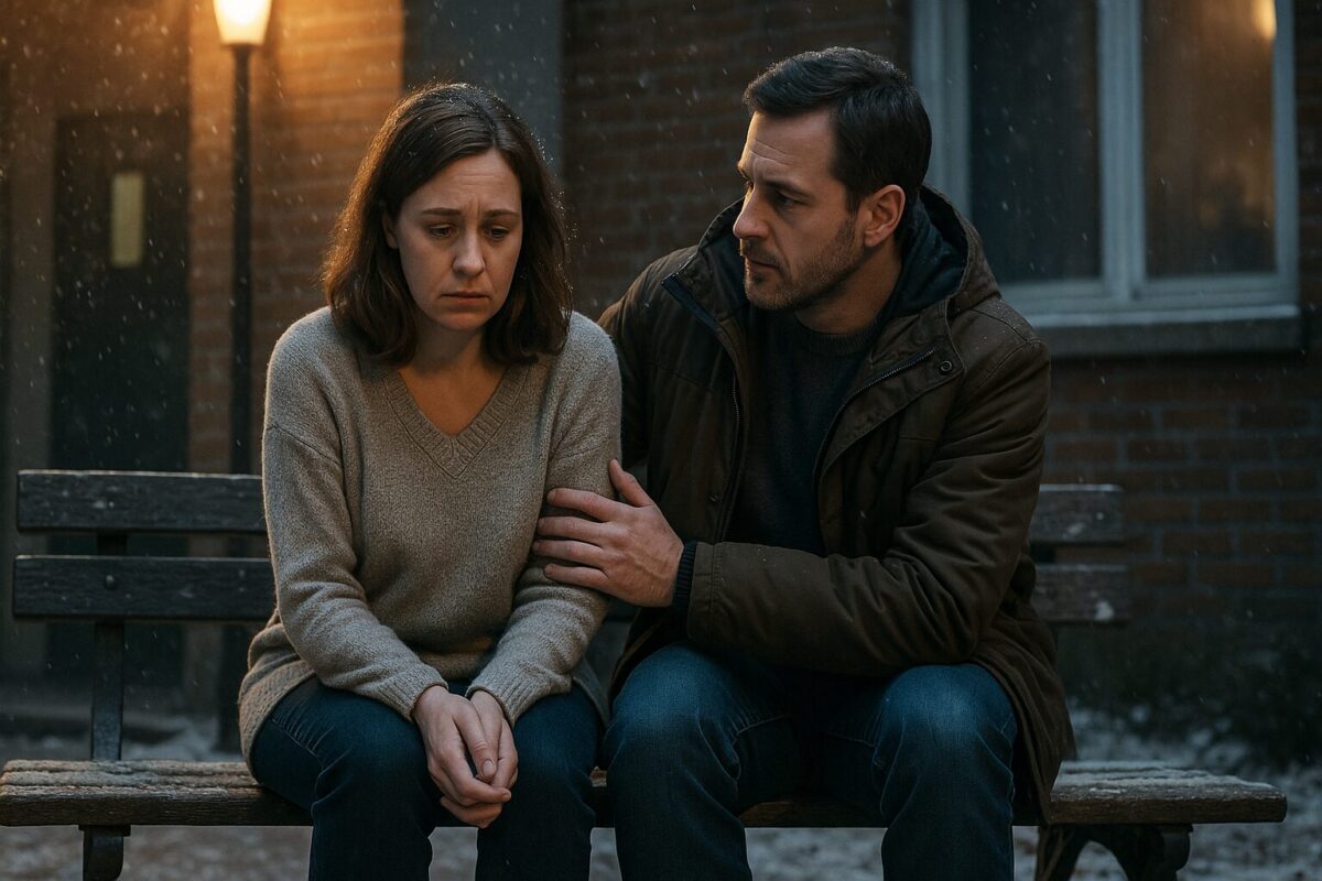 Женщина и мужчина на скамейке зимой