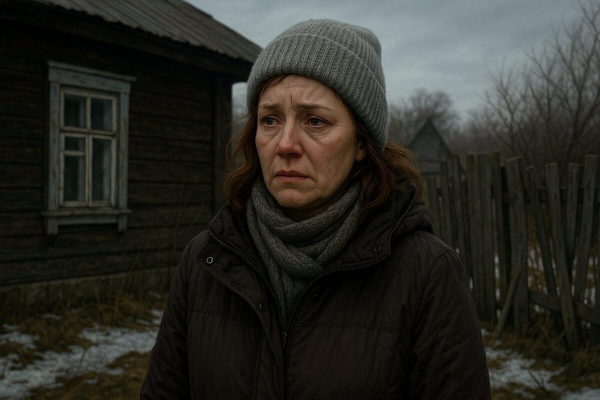 Пожилая женщина в зимней одежде стоит перед старым деревянным домом с печальным выражением лица и слезами на глазах.