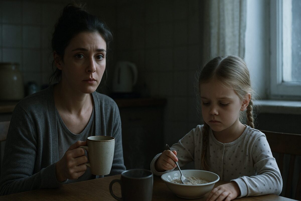 Женщина с тревожным взглядом держит кружку, сидя за кухонным столом напротив маленькой девочки с косичками, которая грустно размазывает кашу по тарелке. Холодный утренний свет падает из окна, подчеркивая напряжённую атмосферу. Спросить ChatGPT