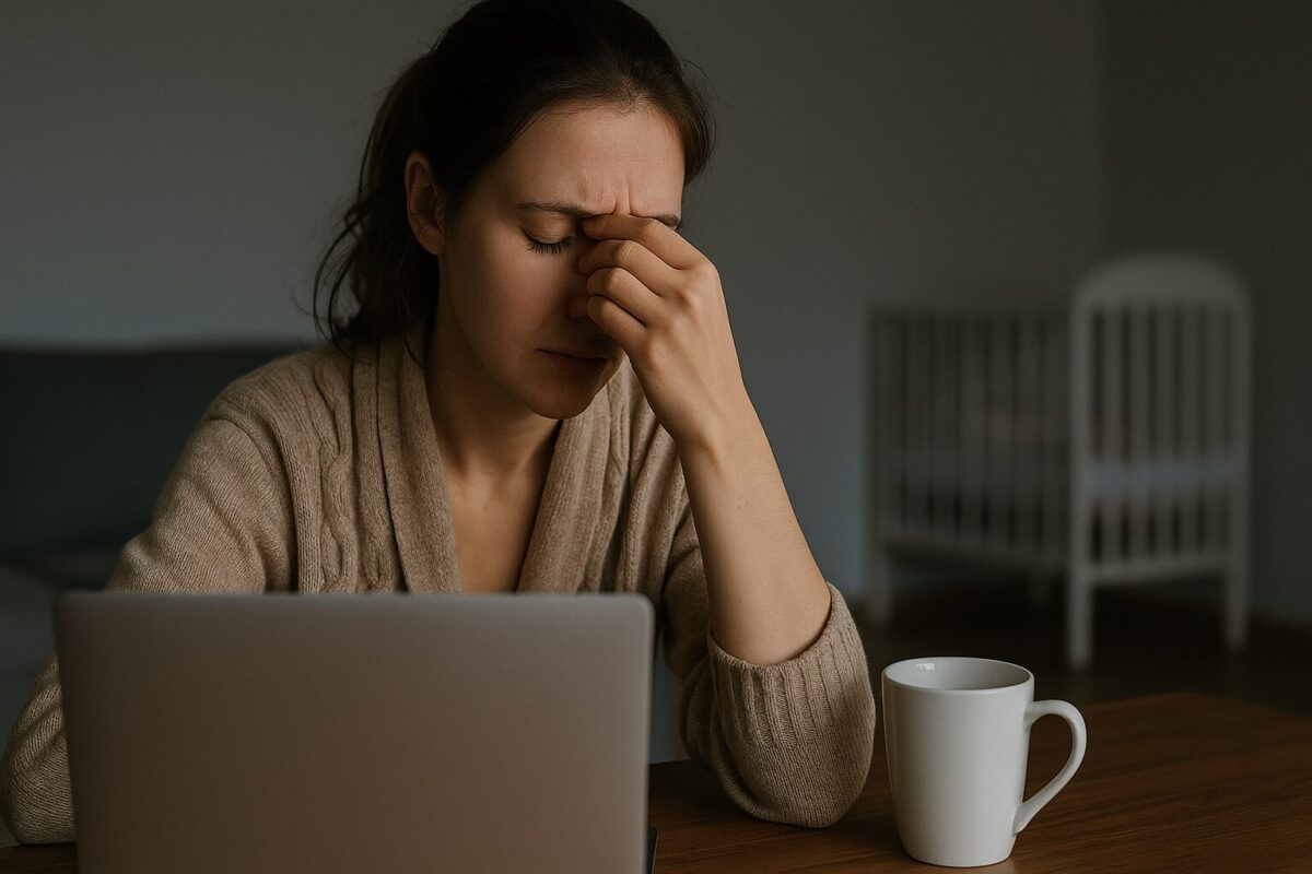 Уставшая молодая женщина в халате сидит за столом с закрытым ноутбуком, закрыв лицо руками. На фоне — детская кроватка и мягкий домашний свет.