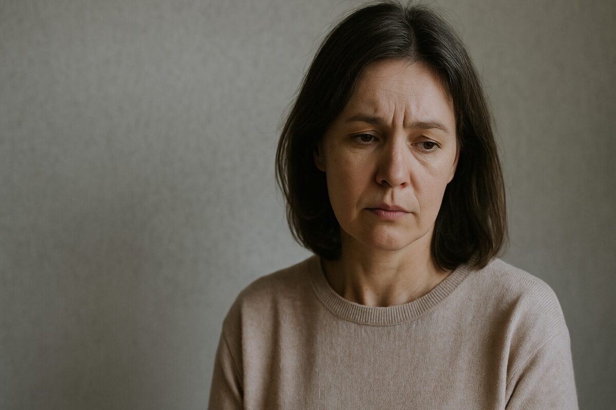 Женщина средних лет в бежевом свитере смотрит вниз с тревожным выражением лица на фоне серой стены.