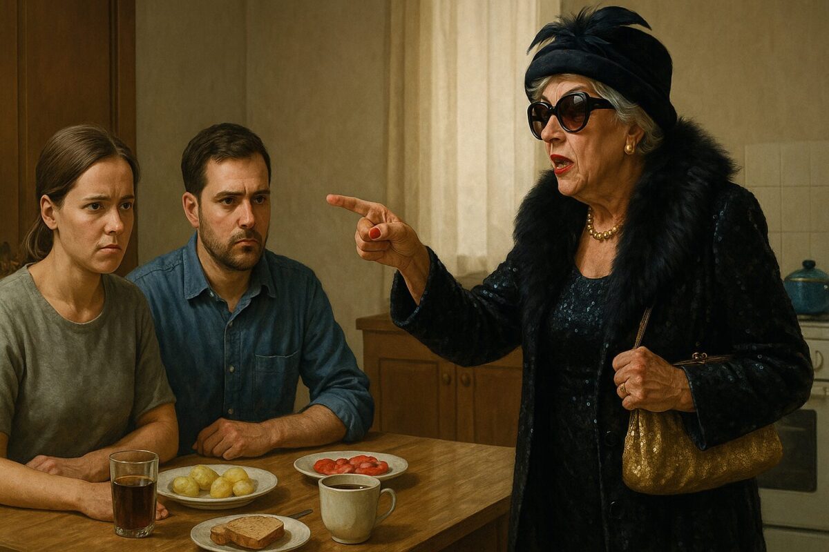 Пожилая женщина в вечернем наряде спорит с серьёзной супружеской парой за кухонным столом в простой квартире.