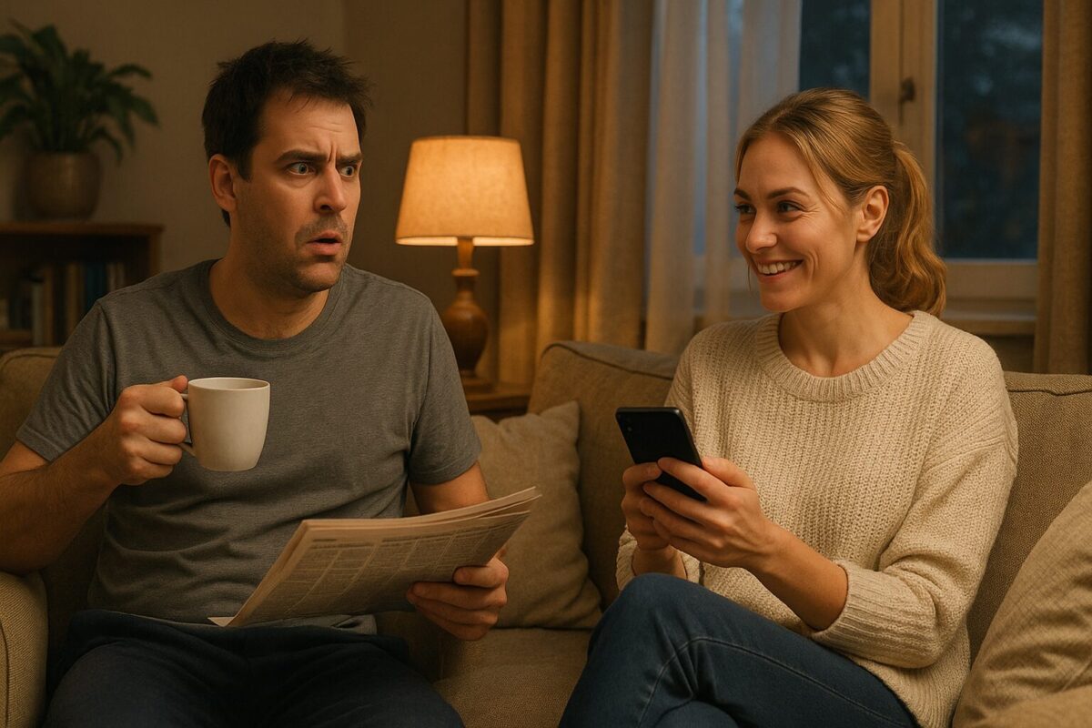 Уютная гостиная в теплом вечернем освещении. Мужчина с удивленным выражением лица сидит в кресле, держа в руках чашку чая и газету. Рядом с ним на диване женщина в свитере озорно улыбается, держа в руках телефон.