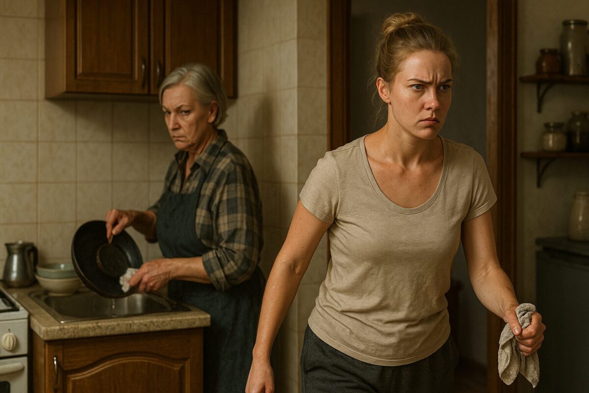 Молодая женщина в домашней одежде с мокрыми руками и сердитым выражением лица выходит из кухни, сжимая кухонное полотенце; на заднем плане пожилая женщина в фартуке яростно моет сковородку у раковины. Атмосфера напряжённая, бытовая сцена конфликта.