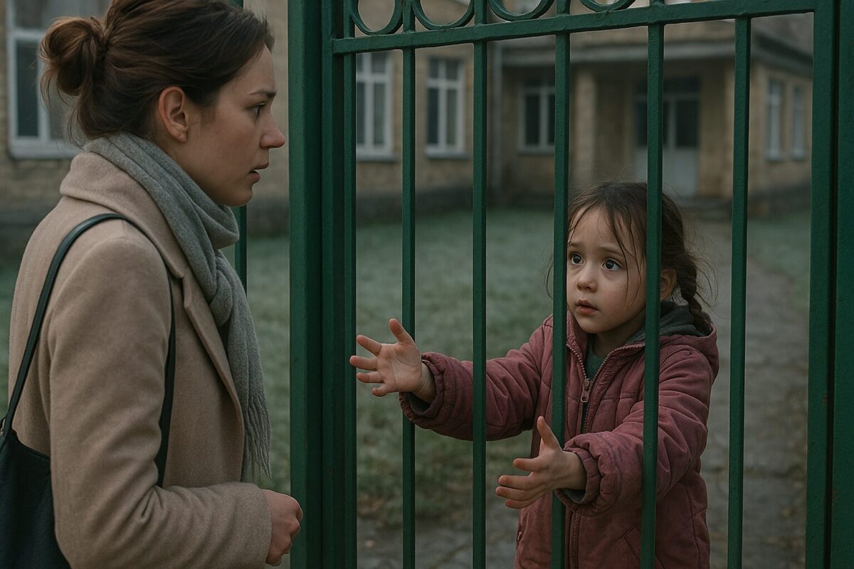 Женщина в светлом пальто стоит у ворот детского дома, растерянно смотрит на маленькую девочку за решеткой. Девочка тянет к ней руки, на ней розовая куртка и растрёпанные косички. Зимнее утро, на траве иней.