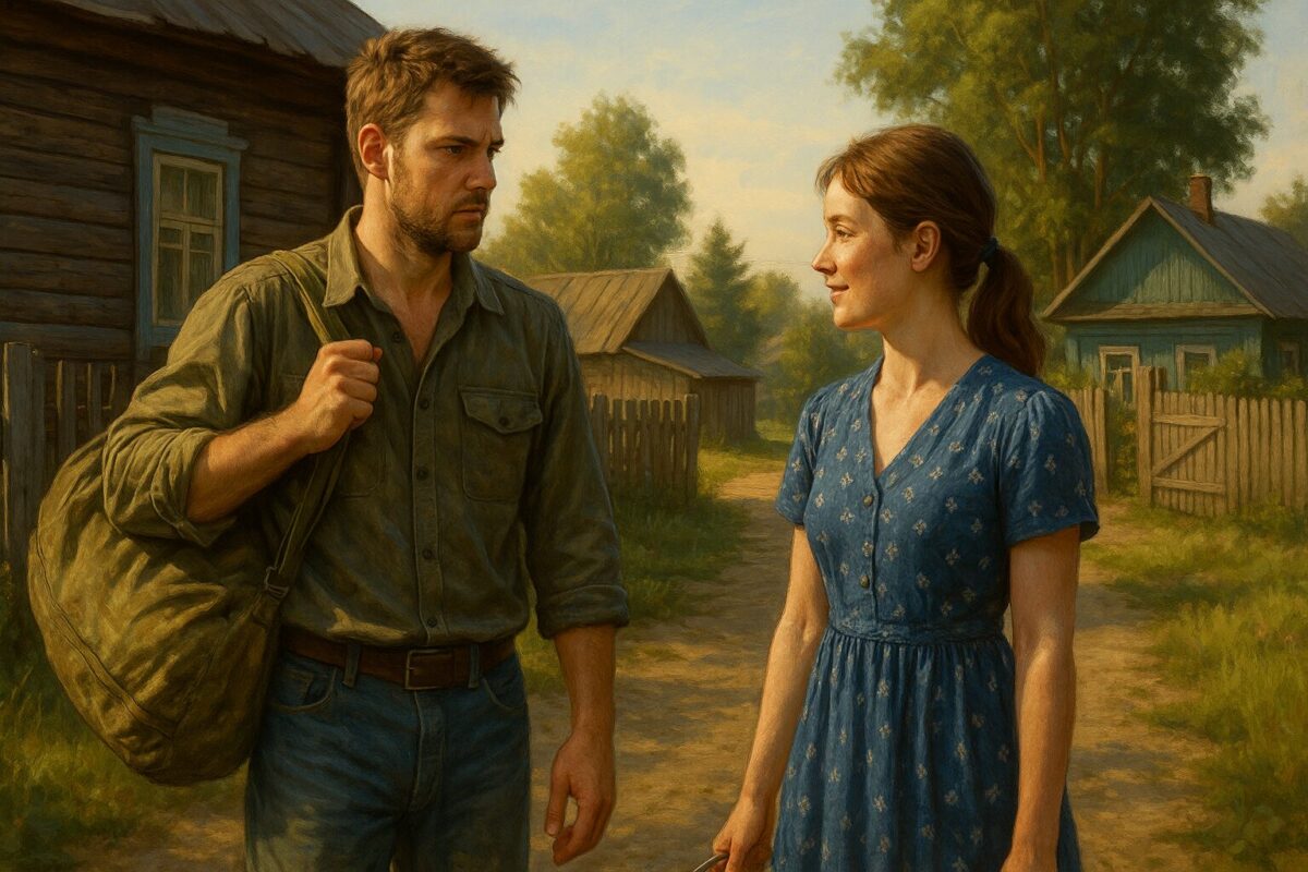 молодой мужчина с вещмешком на плече и девушка в синем платье с цветочным узором стоят напротив друг друга на фоне деревянных домов. Вечернее солнце заливает картину тёплым светом, подчёркивая напряжённый, но спокойный момент их встречи.