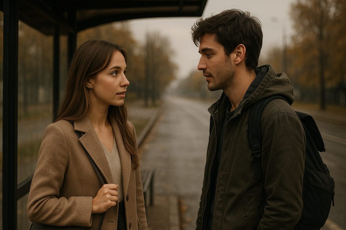 Молодая женщина и мужчина стоят у автобусной остановки в пасмурный осенний день, смотрят друг на друга. У женщины бежевое пальто и сумка через плечо, у мужчины — тёмная куртка и рюкзак. Атмосфера тихая, романтичная, с мягким светом.