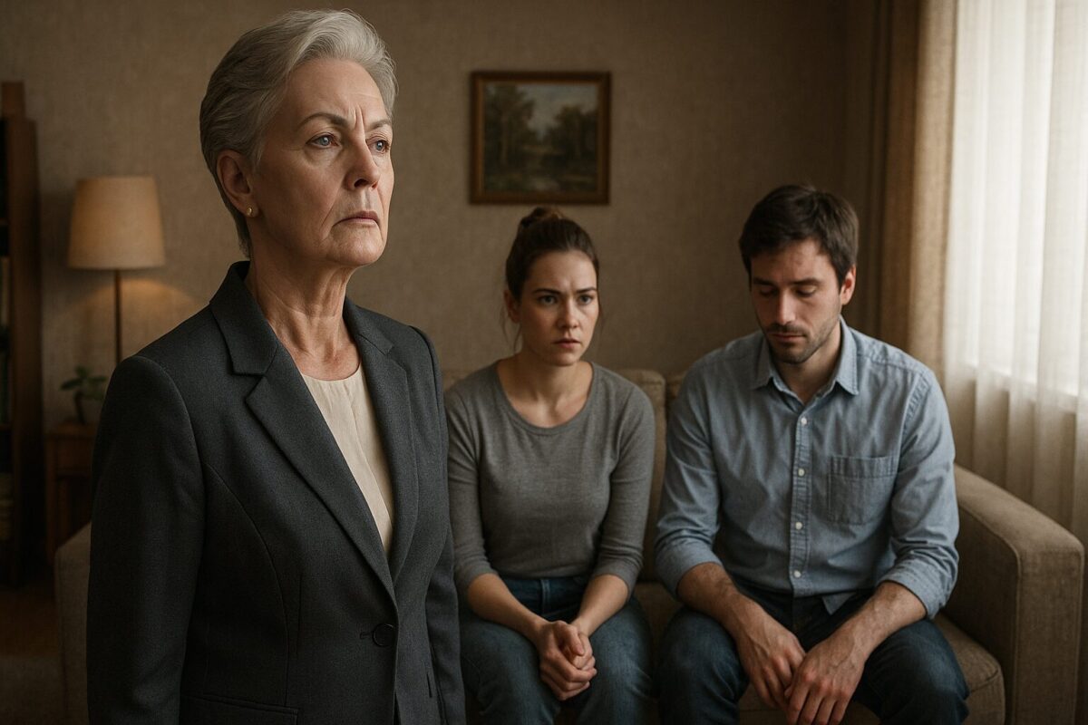 В скромной гостиной стоит пожилая женщина с высоко поднятой головой и холодным выражением лица, позади неё молодая женщина сидит напряжённо на диване, рядом с ней молодой мужчина с опущенным взглядом.