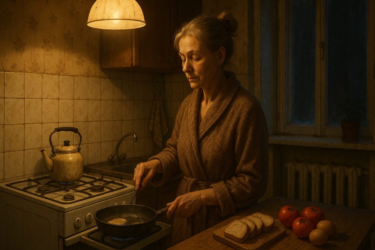 Женщина средних лет в халате стоит у плиты на старой советской кухне с тёплым светом лампы, на столе хлеб, яйца и помидоры, в фоне — чайник на газовой плите.