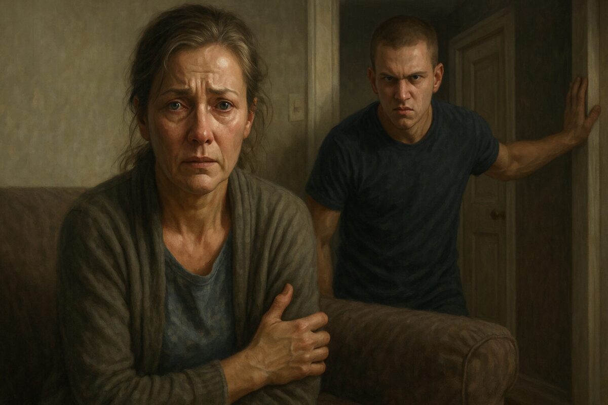 Женщина средних лет с заплаканным лицом сидит на диване, за её спиной в дверном проёме стоит молодой мужчина с агрессивным выражением лица.