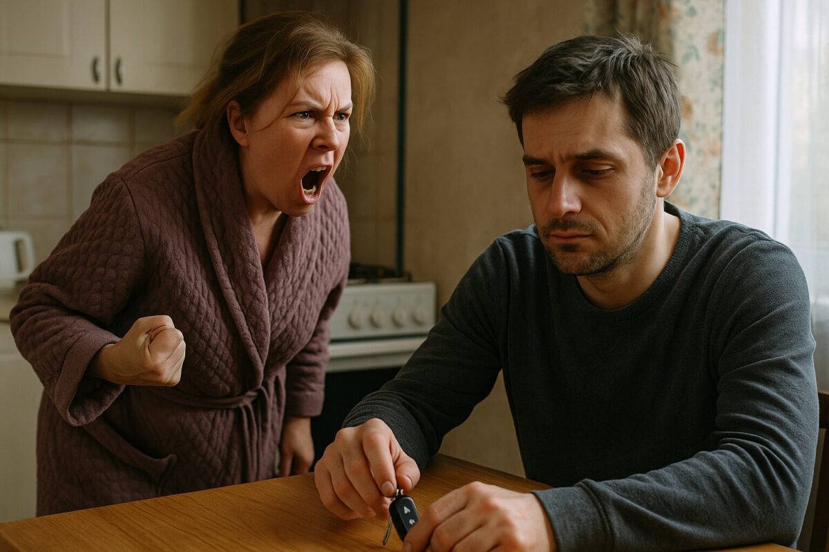 Женщина в фиолетовом халате с яростным лицом кричит на мужчину, сидящего за кухонным столом с ключами от машины в руке. Он смотрит вниз, мрачно и устало, атмосфера напряжённая, бытовая, сцена снята в реалистичном стиле.