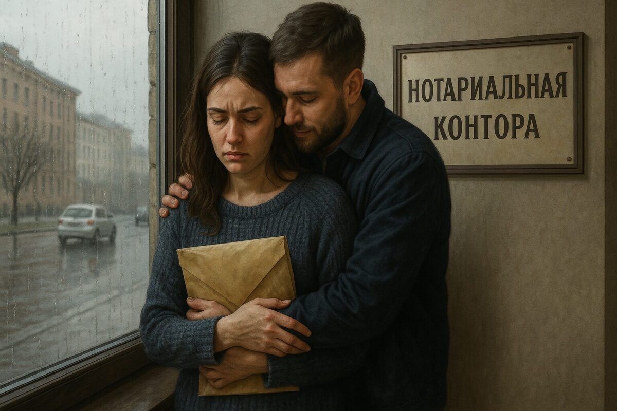 Женщина в тёмно-синем свитере стоит у окна нотариальной конторы, крепко прижимая к груди конверт с документами. Сзади её обнимает мужчина, его лицо прижато к её голове. За окном — дождливая городская улица. На стене — табличка с надписью «Нотариальная контора».