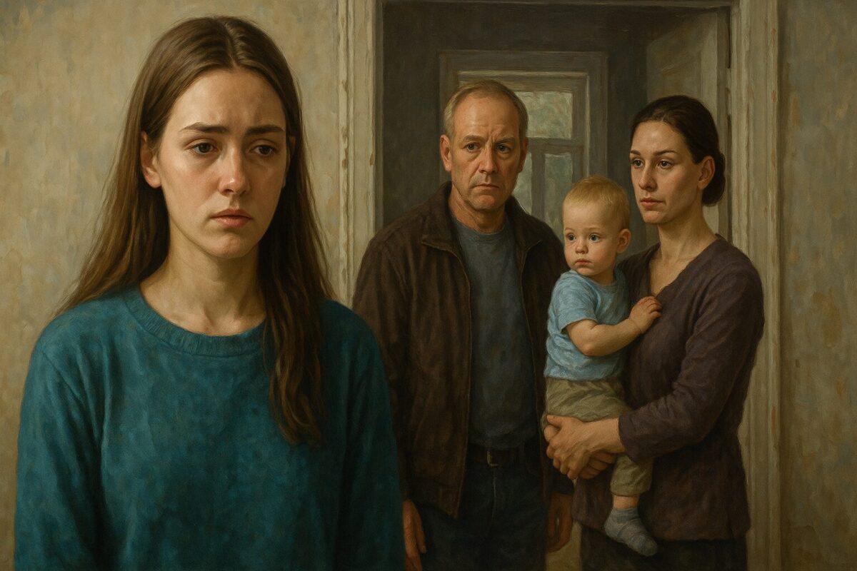 Девушка-подросток с печальным взглядом стоит перед комнатой, на фоне — её отец с новой женой и младенцем, на их лицах — напряжение и отчуждение.