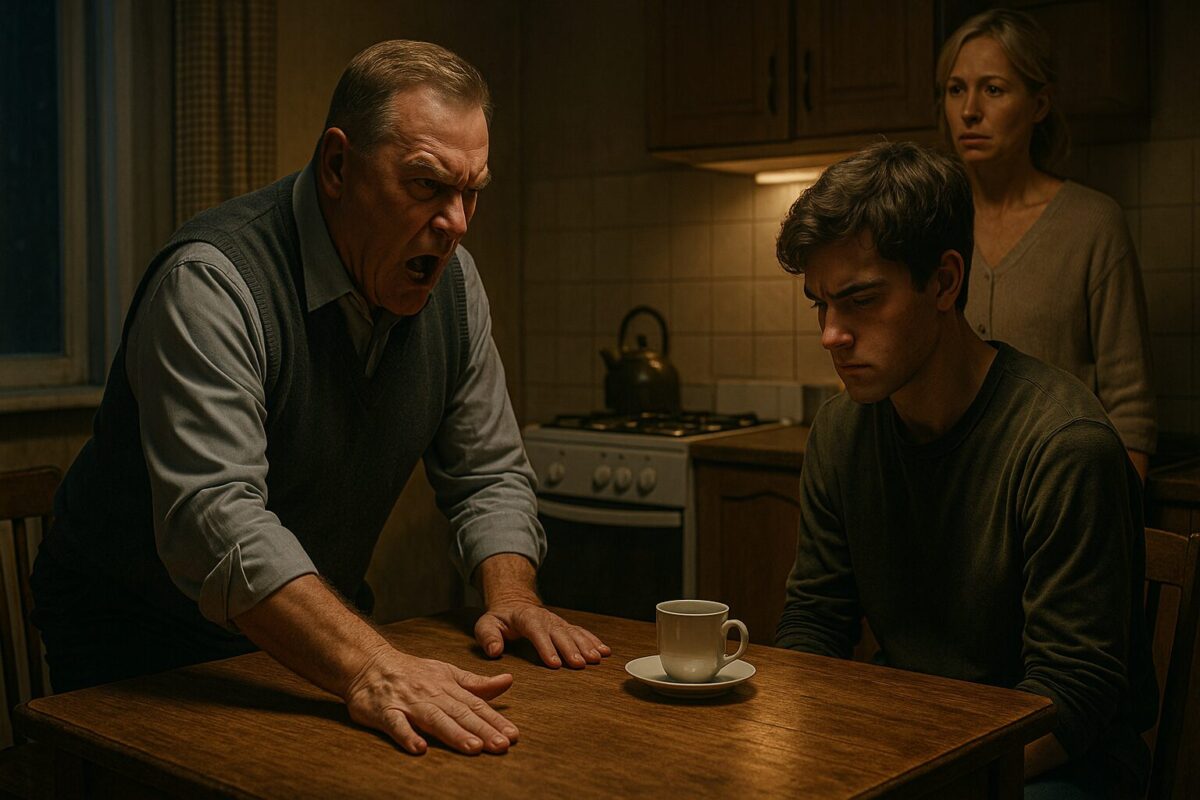 Вечерняя сцена на кухне — мужчина средних лет в гневе бьёт рукой по столу, молодой парень сидит напротив с опущенными глазами и сжатыми кулаками, женщина у плиты в тревоге наблюдает за происходящим.