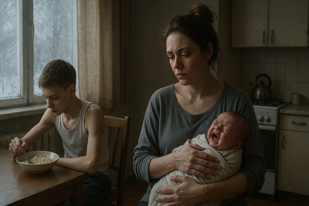 Уставшая женщина в серой кофте сидит на кухне с плачущим младенцем на руках. Рядом за столом сидит мальчик лет двенадцати в майке, ест кашу. За окном — зимний день, стекло покрыто инеем.