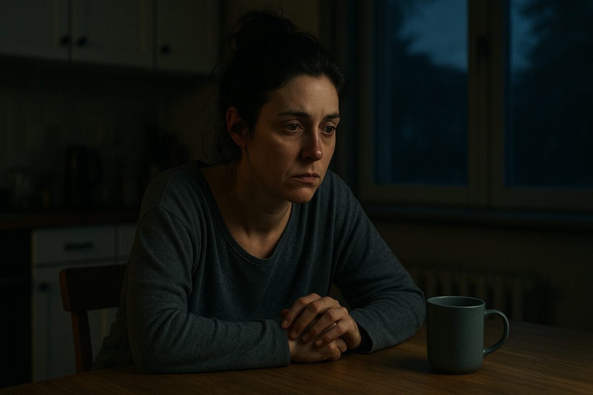Уставшая женщина в тёмной домашней одежде сидит за кухонным столом в полумраке, сцепив руки перед собой; её взгляд устремлён в одну точку, на лице — тишина внутренней борьбы и одиночества. На столе стоит кружка с остывшим чаем, за окном — сумерки.