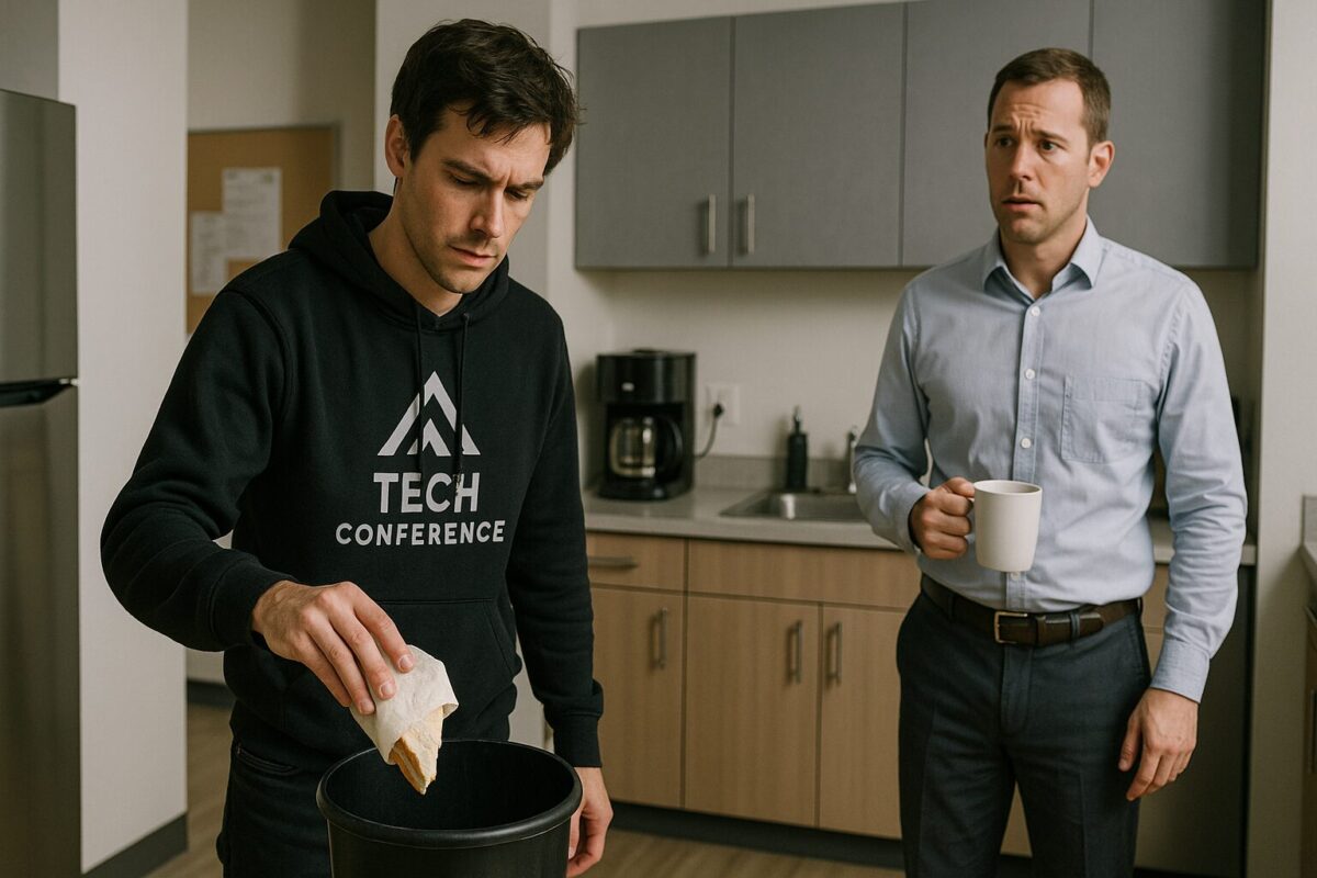 В офисной кухне утром один мужчина в чёрной толстовке с логотипом «ТЕХНИЧЕСКАЯ КОНФЕРЕНЦИЯ» выбрасывает завернутый в салфетку бутерброд в мусорное ведро, стараясь сделать это незаметно. Второй мужчина, в светлой рубашке и классических брюках, стоит в стороне с чашкой кофе и смотрит на него с лёгким недоумением. Обстановка современной кухни с деревянными шкафчиками, кофемашиной и естественным светом создает атмосферу скрытого напряжения.
