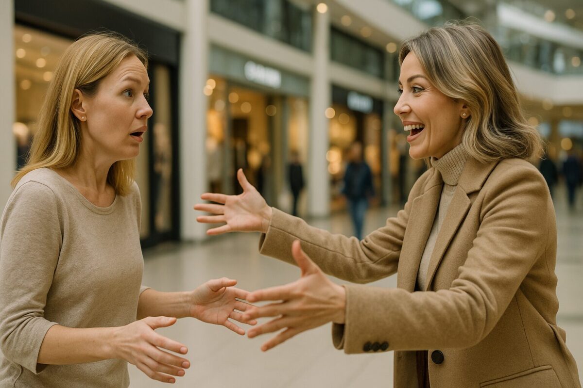 В просторном холле торгового центра две женщины неожиданно встречаются. Женщина с пепельными волосами в стильном пальто радостно протягивает руки, улыбаясь. Её подруга с светлыми волосами в повседневной одежде выглядит удивлённой. Позади — витрины магазинов и размытые прохожие.