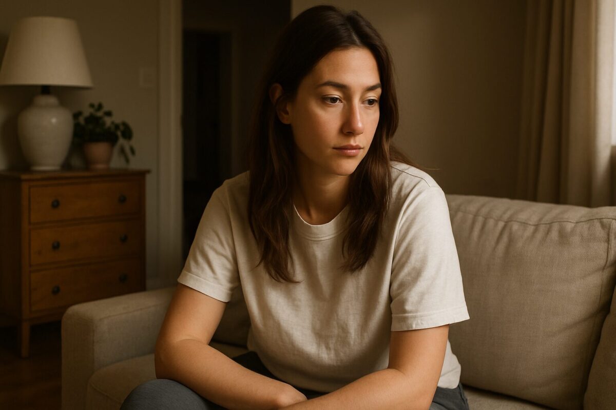 Молодая женщина с каштановыми волосами сидит одна на светлом диване в уютной комнате. Она в простой домашней футболке, смотрит в сторону с задумчивым выражением. В комнате мягкий свет, сзади — тумбочка с лампой и комнатным растением.
