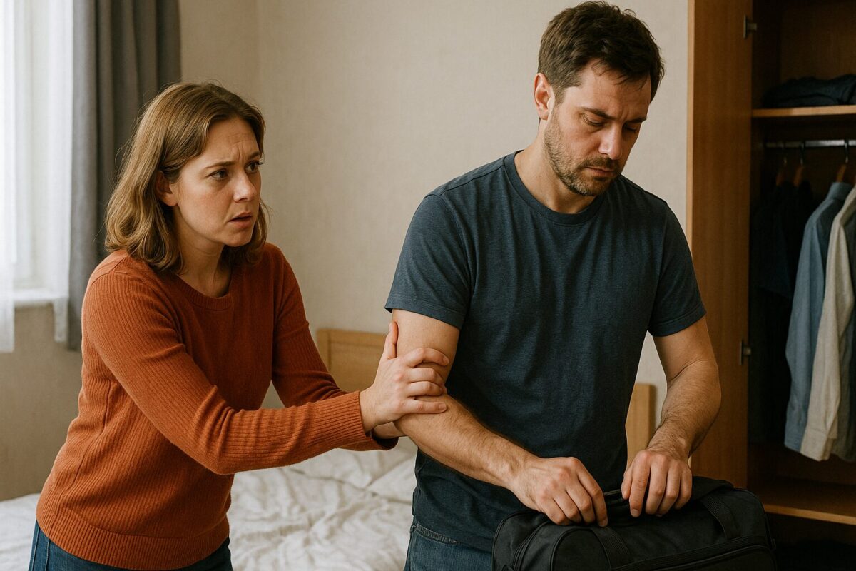 Мужчина с сумкой собирается уйти, женщина в тревоге держит его за руку, сцена в спальне на фоне открытого шкафа.