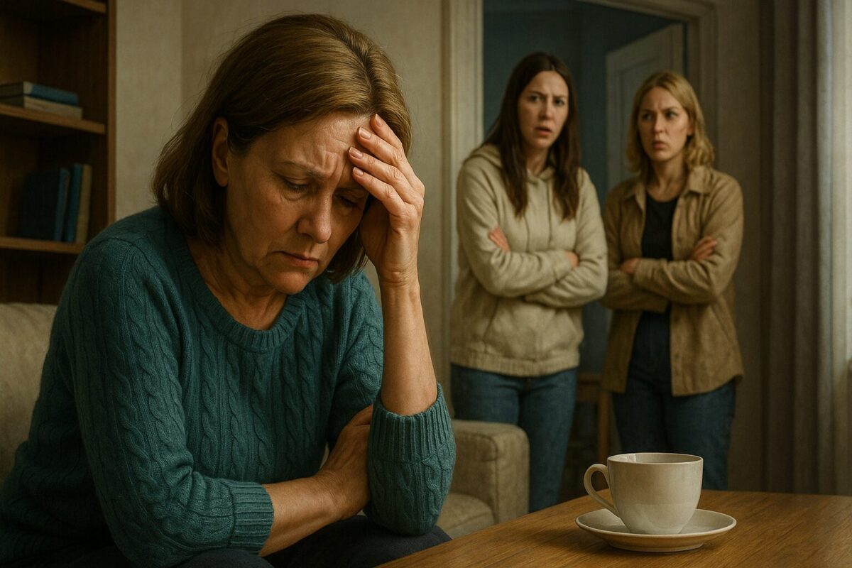 Женщина средних лет сидит на диване с рукой у виска, выглядя расстроенной, на фоне две женщины стоят с недовольным выражением лица. Обстановка уютного дома, на переднем плане чашка чая. Сцена напряжённого разговора между родственниками.