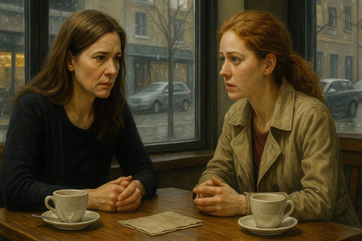 Две женщины сидят напротив друг друга за столиком в кафе. Одна — старше, в чёрной одежде, с серьёзным выражением лица. Вторая — рыжеволосая, в бежевом плаще, напряжённо смотрит на собеседницу. За окном идёт дождь, на стекле капли.