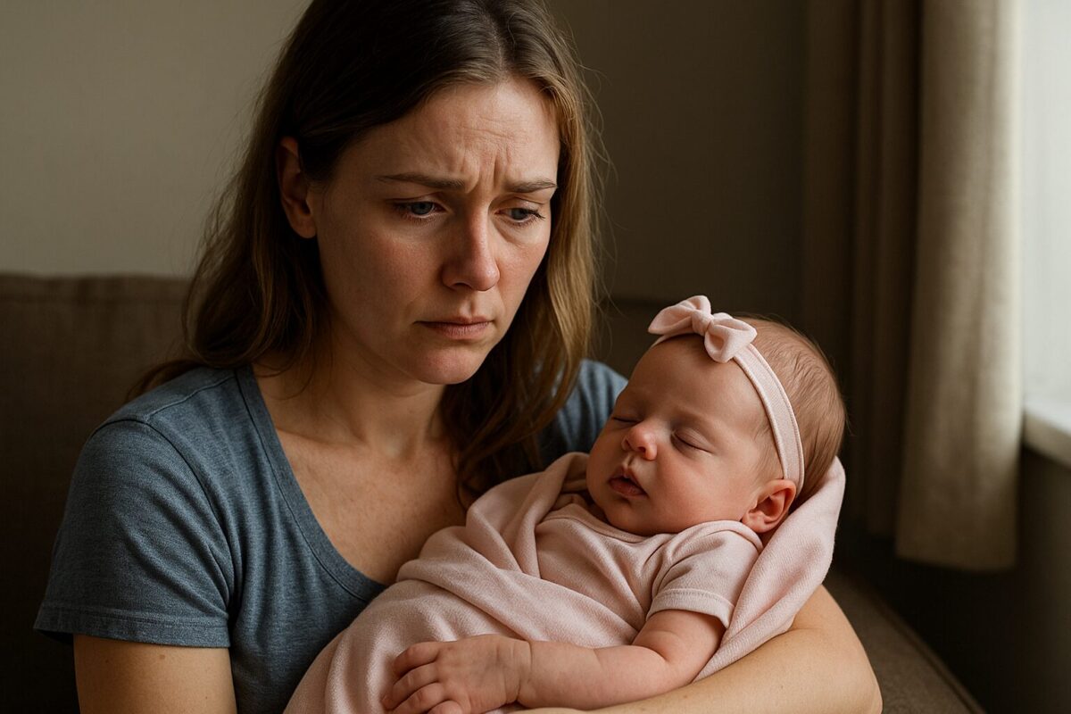 Молодая мать с серьёзным лицом держит на руках спящую младенческую дочку во время прогулки по осенней улице.